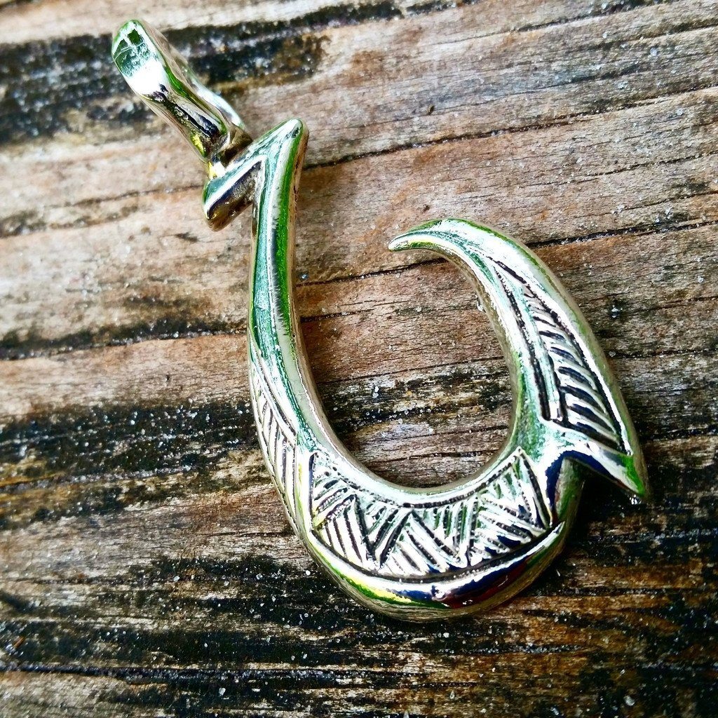 925 Sterling Silver Hawaiian Jewelry Hand Engraved Fish Hook Pendant with  Blue Opal Inlay - Chain Included