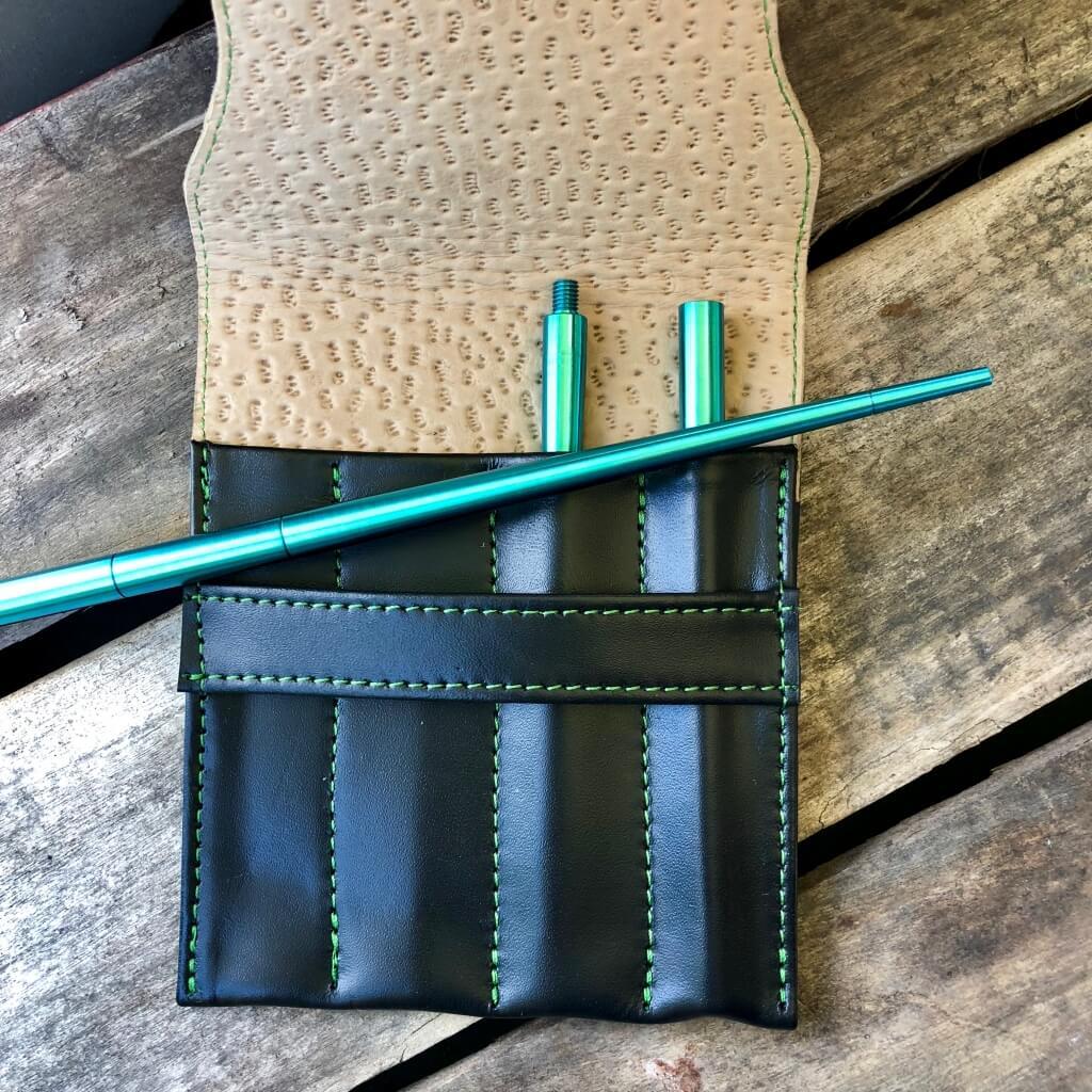 Modular Titanium Chopsticks Green Anodizing and Black Leather Sheath - Ti Survival