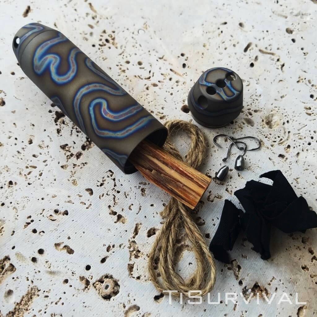 Exo Tube Titanium Waterproof Storage Capsule with Survival Kit - Ti Survival